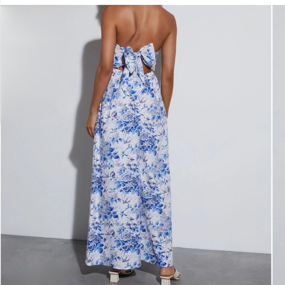 Floral Blue Strapless Wide Leg Jumpsuit - Picture 3 of 8